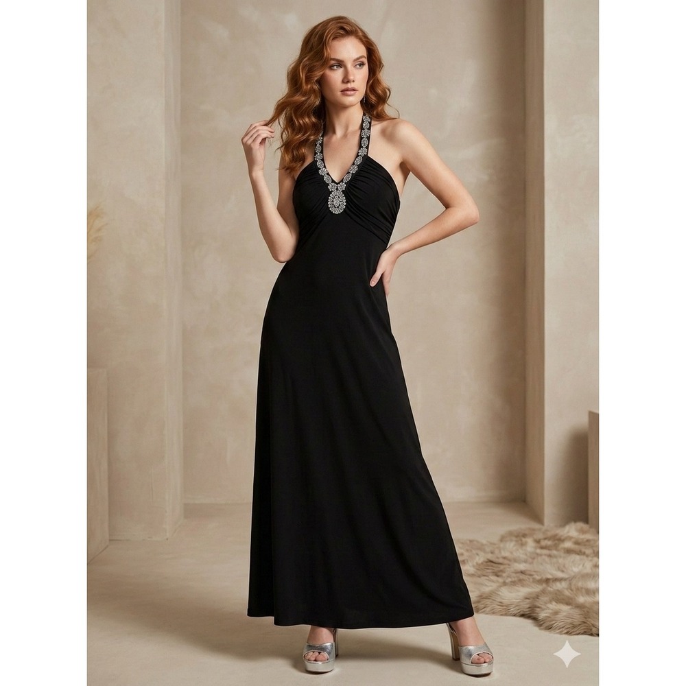 Vtg Y2K Spense Black Halter Maxi Dress Rhinestone Neck Formal Prom Gown 10P Glam